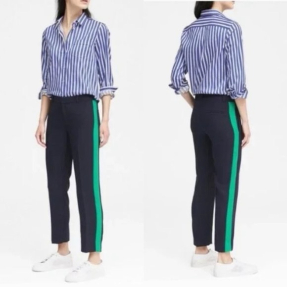 Banana Republic Pants - BANANA REPUBLIC Avery Navy Green Side Stripe Crepe Straight Ankle Pants 2 Petite